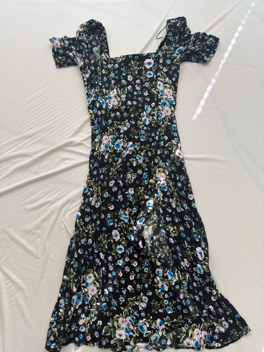 Zara Floral Black Off-Shoulder Midi Dress with Slit - Blue & Pink Flowers